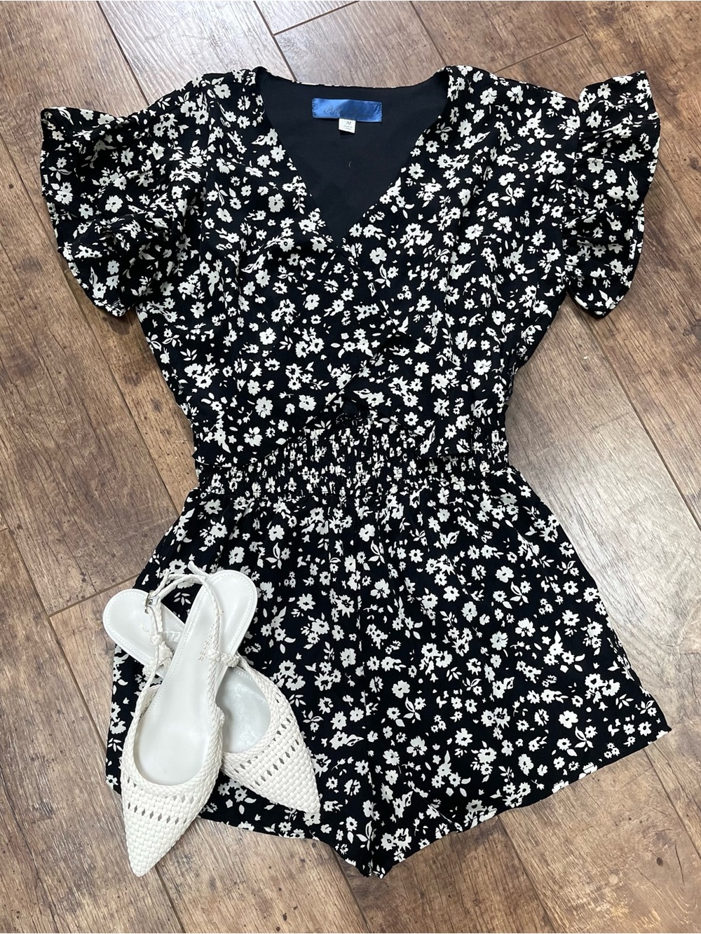 Blue Rain Black Floral Romper